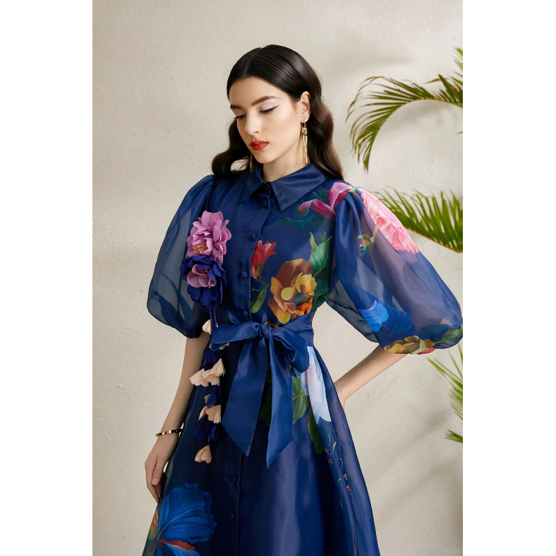 Flowers printing long autumn stereoscopic vacation dress