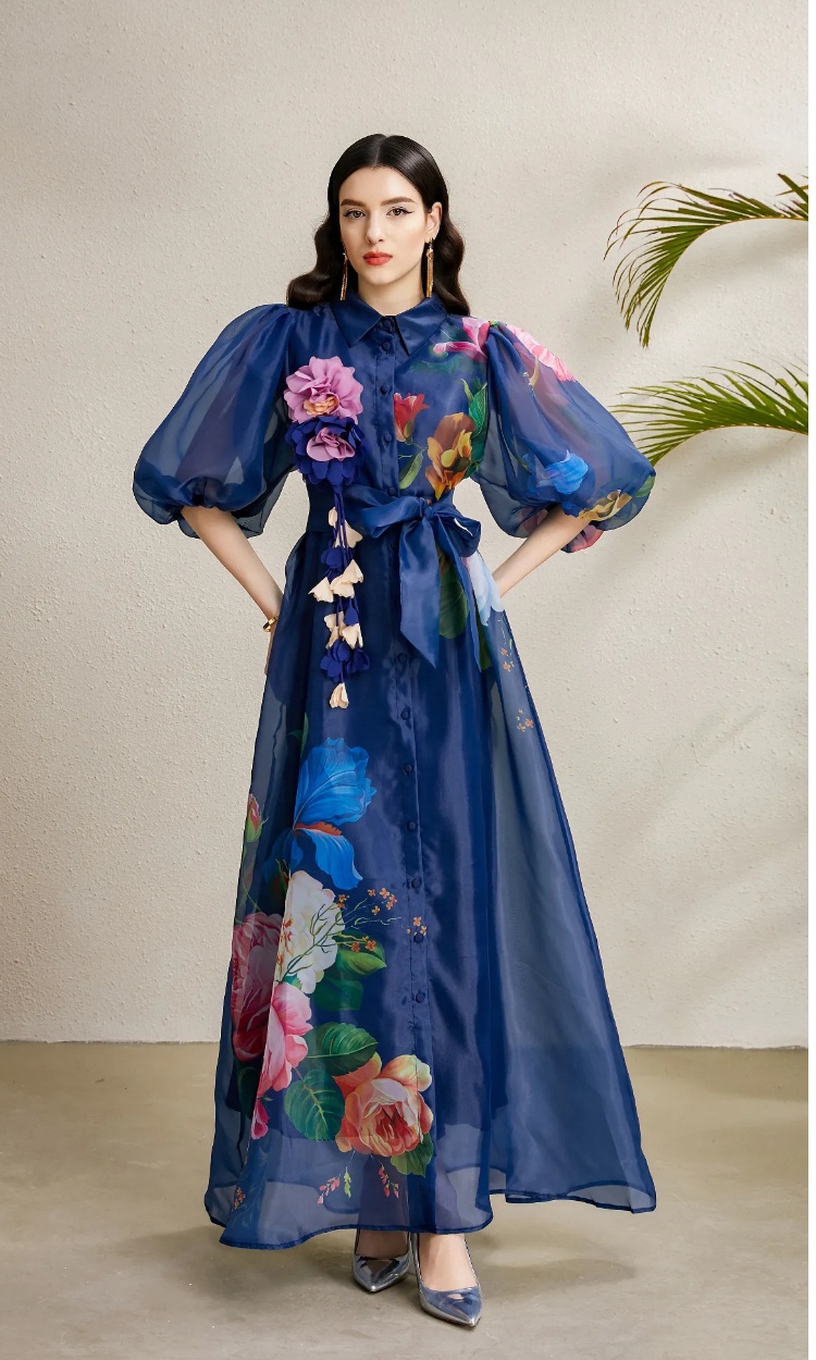 Flowers printing long autumn stereoscopic vacation dress