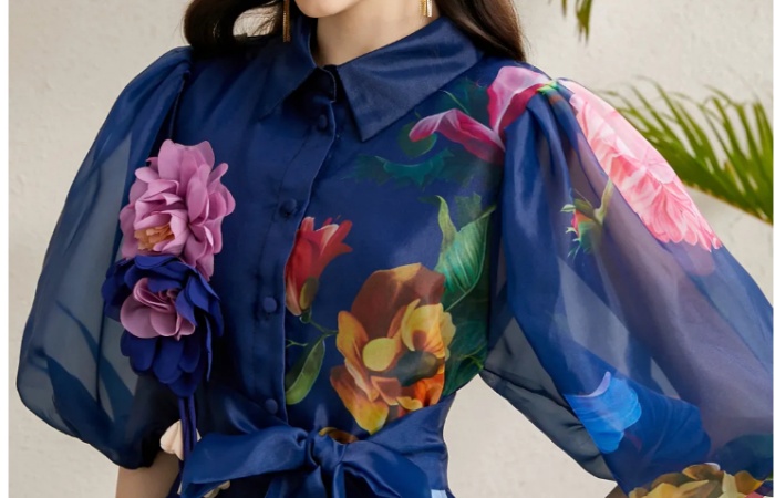 Flowers printing long autumn stereoscopic vacation dress