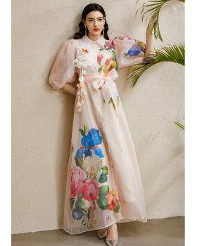 Puff sleeve autumn lapel vacation long printing dress