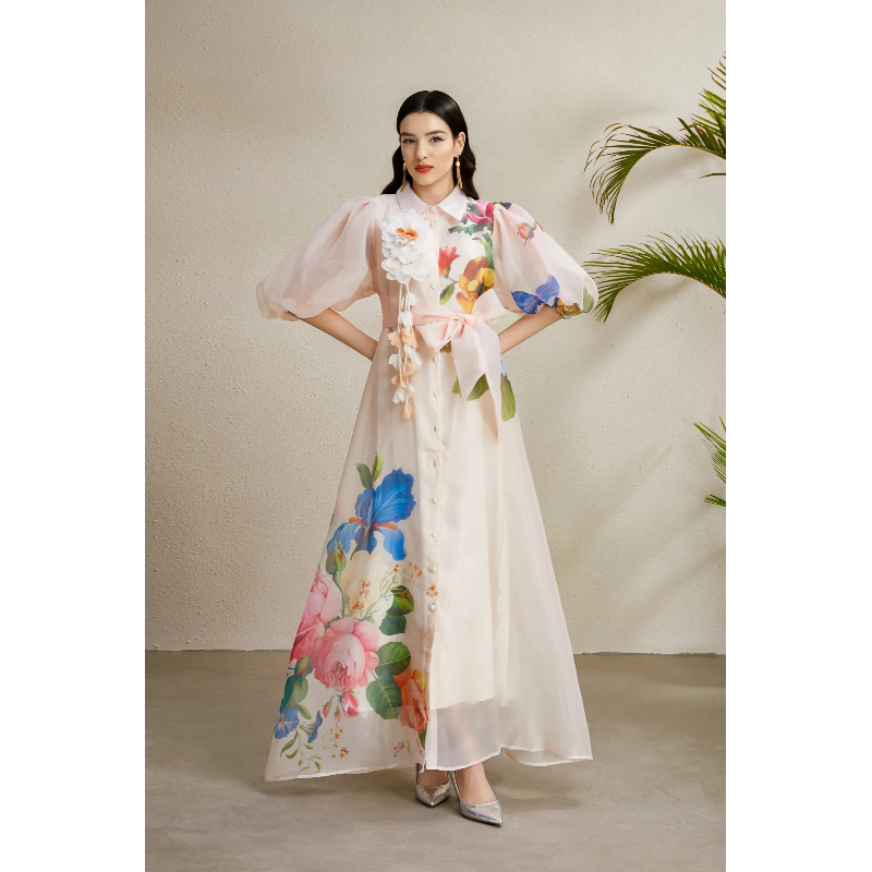 Puff sleeve autumn lapel vacation long printing dress