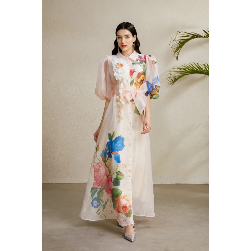Puff sleeve autumn lapel vacation long printing dress