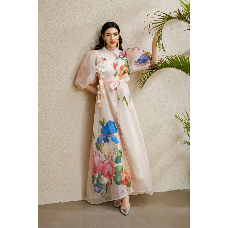 Puff sleeve autumn lapel vacation long printing dress