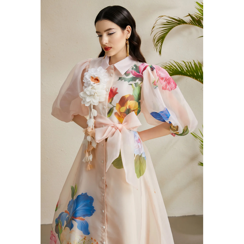 Puff sleeve autumn lapel vacation long printing dress