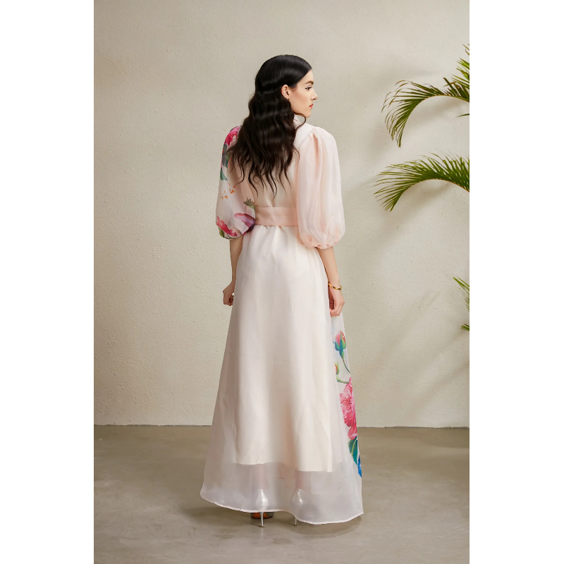 Puff sleeve autumn lapel vacation long printing dress
