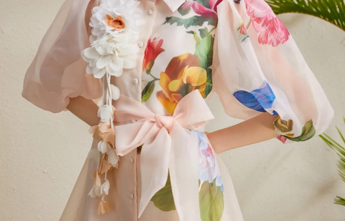 Puff sleeve autumn lapel vacation long printing dress