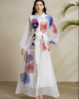 Lapel lantern sleeve stereoscopic printing autumn vacation dress