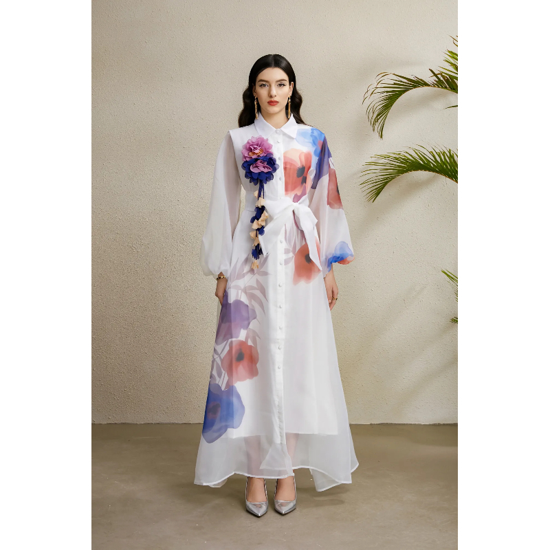 Lapel lantern sleeve stereoscopic printing autumn vacation dress
