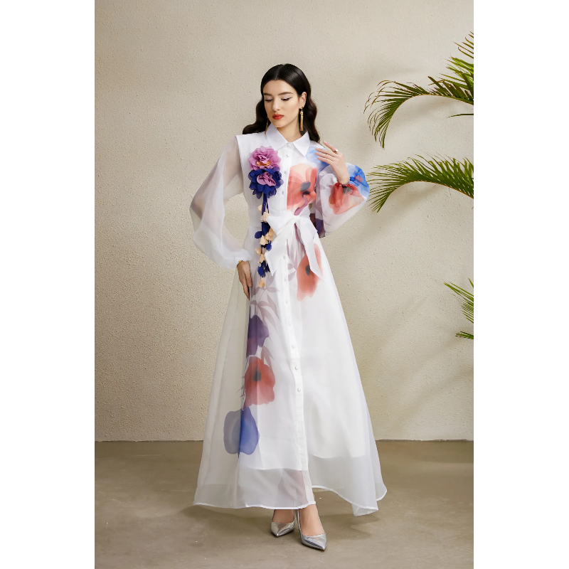 Lapel lantern sleeve stereoscopic printing autumn vacation dress