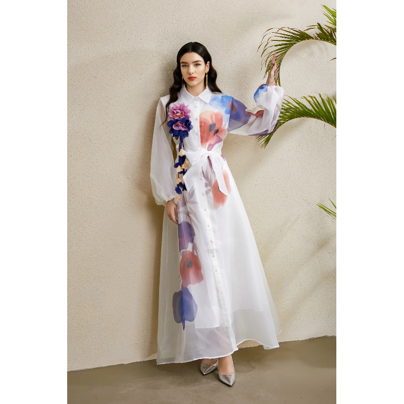 Lapel lantern sleeve stereoscopic printing autumn vacation dress