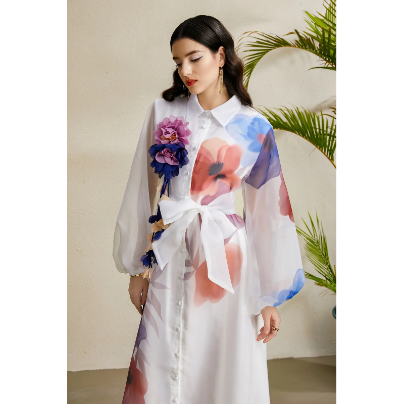 Lapel lantern sleeve stereoscopic printing autumn vacation dress