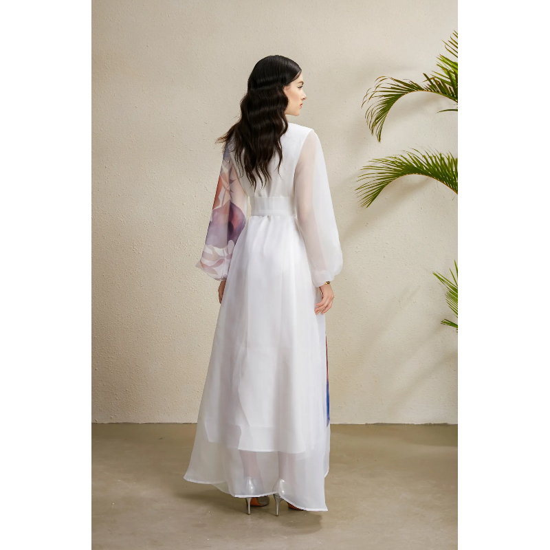 Lapel lantern sleeve stereoscopic printing autumn vacation dress