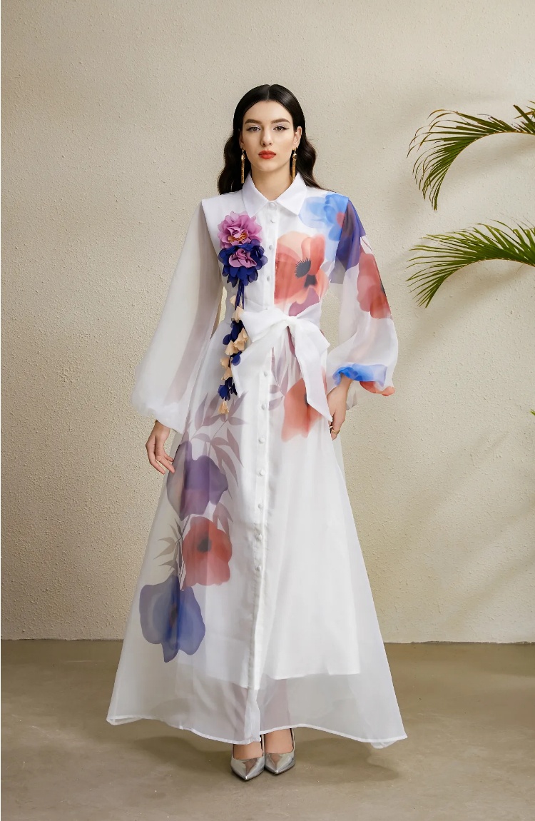 Lapel lantern sleeve stereoscopic printing autumn vacation dress