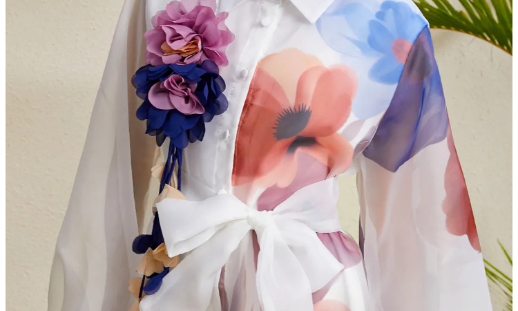 Lapel lantern sleeve stereoscopic printing autumn vacation dress