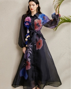 Long autumn lapel lantern sleeve stereoscopic dress