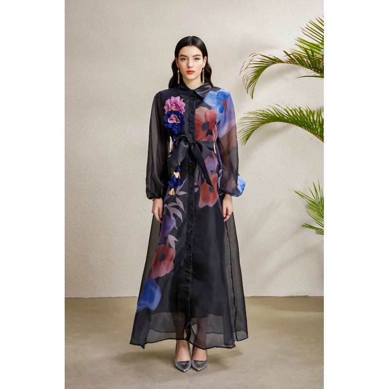 Long autumn lapel lantern sleeve stereoscopic dress