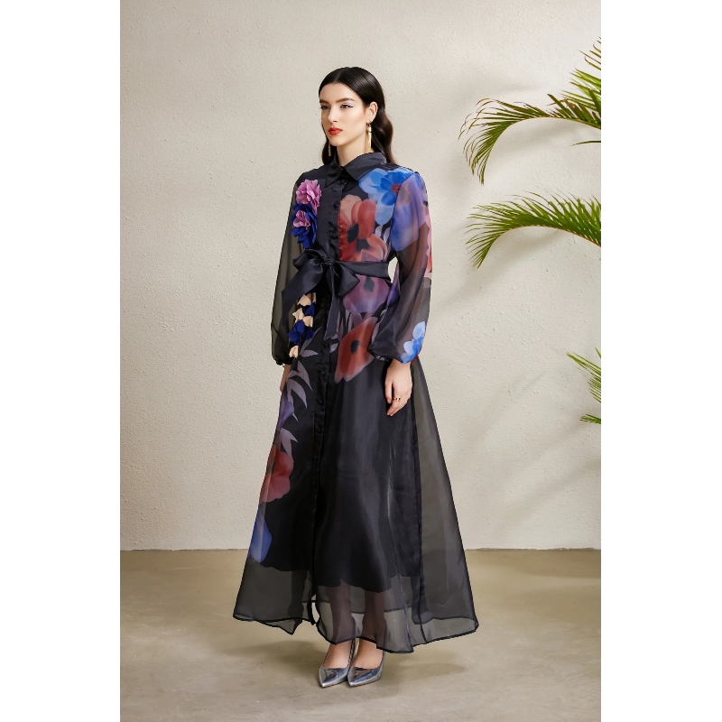 Long autumn lapel lantern sleeve stereoscopic dress