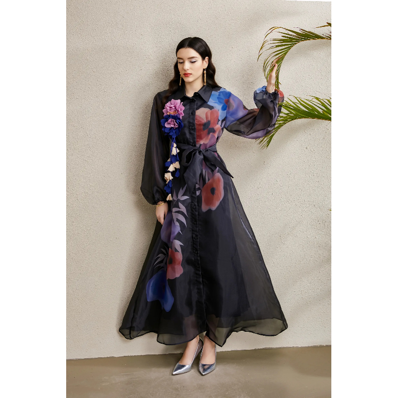 Long autumn lapel lantern sleeve stereoscopic dress