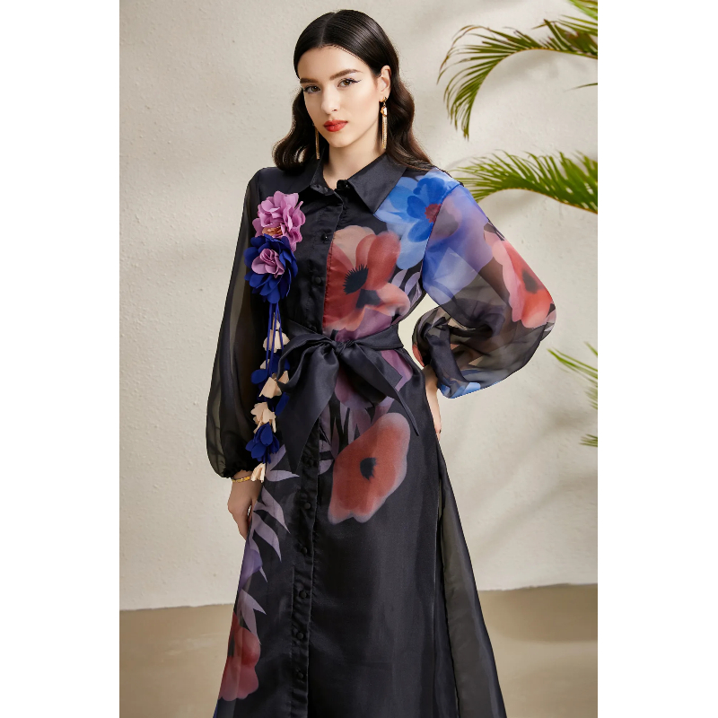 Long autumn lapel lantern sleeve stereoscopic dress
