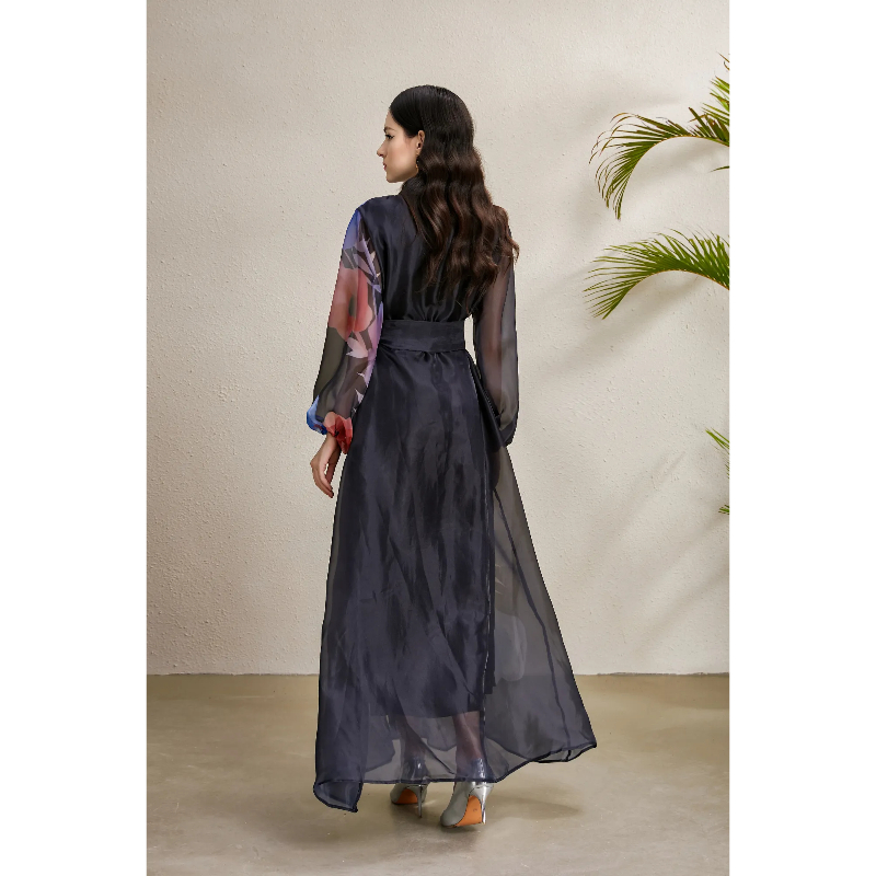 Long autumn lapel lantern sleeve stereoscopic dress