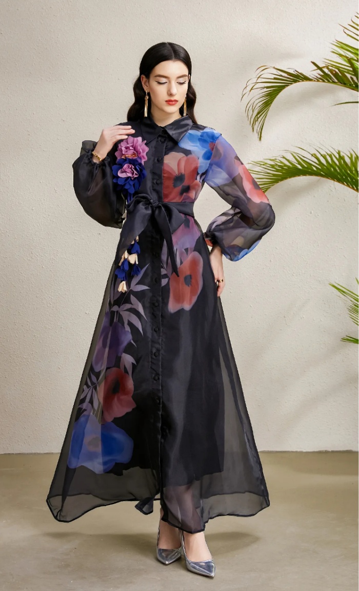 Long autumn lapel lantern sleeve stereoscopic dress