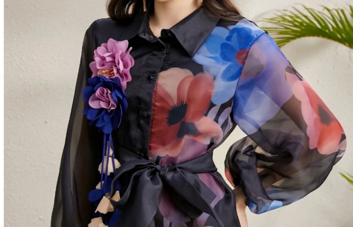 Long autumn lapel lantern sleeve stereoscopic dress