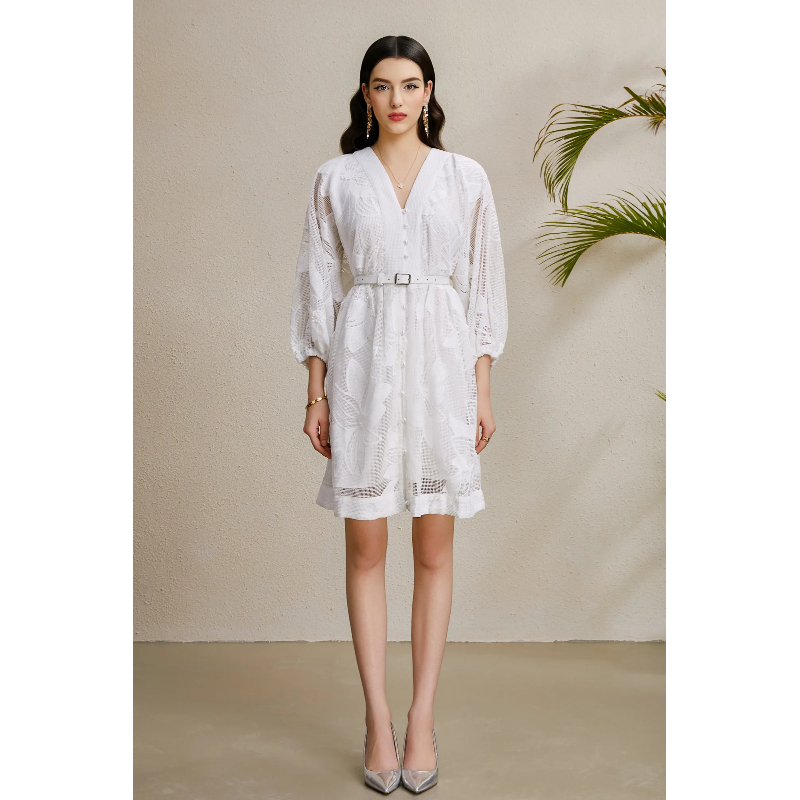 Puff sleeve colors vacation stereoscopic mini V-neck dress