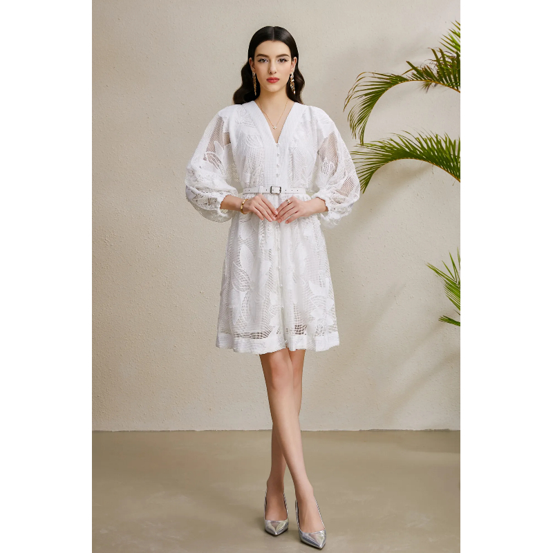Puff sleeve colors vacation stereoscopic mini V-neck dress
