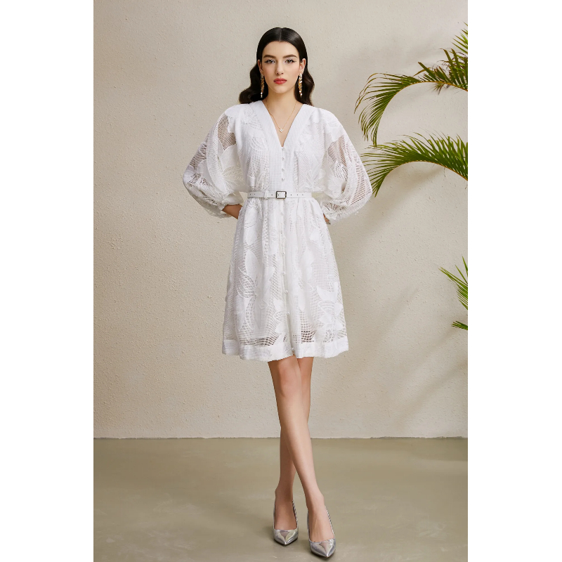 Puff sleeve colors vacation stereoscopic mini V-neck dress