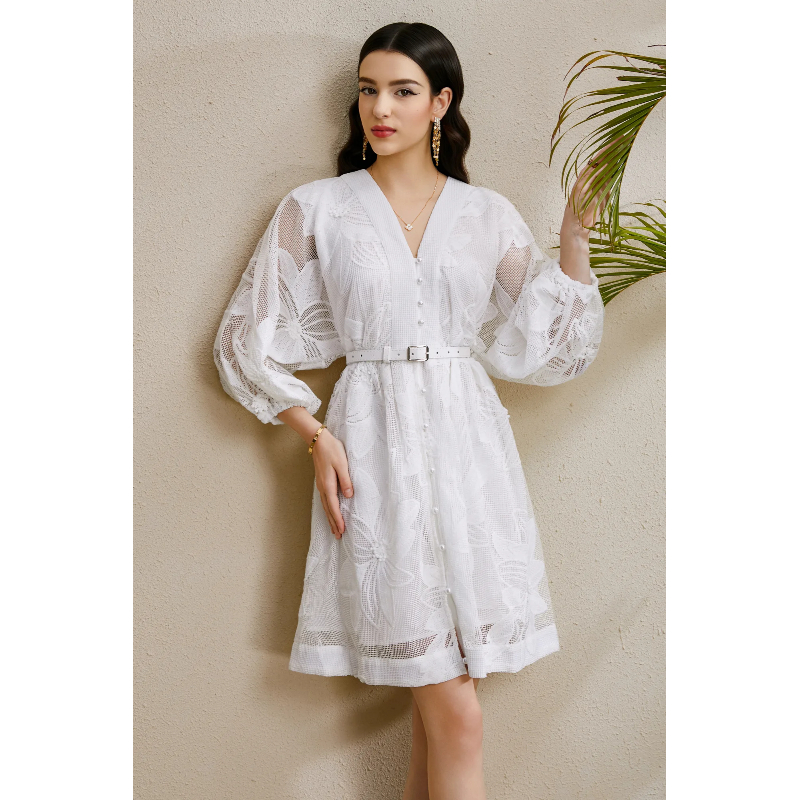 Puff sleeve colors vacation stereoscopic mini V-neck dress
