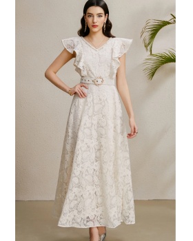V-neck autumn long vacation boats sleeve dress