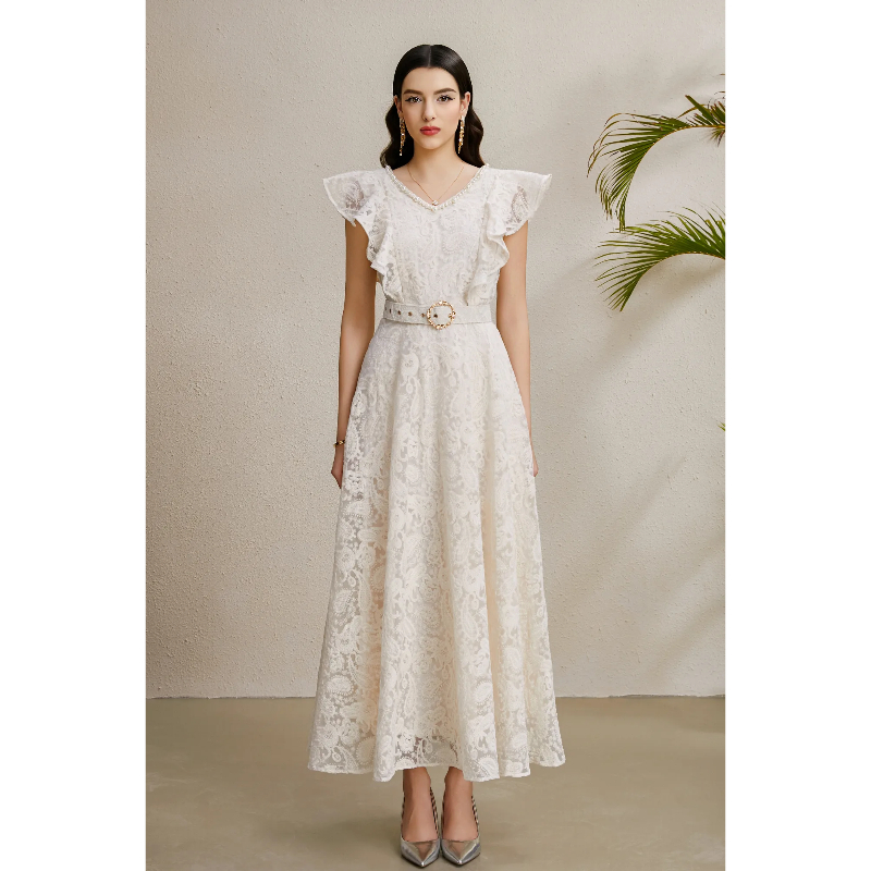 V-neck autumn long vacation boats sleeve dress