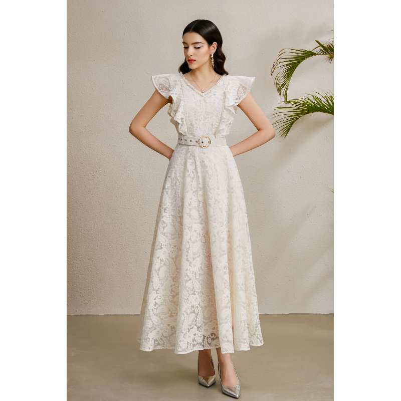 V-neck autumn long vacation boats sleeve dress