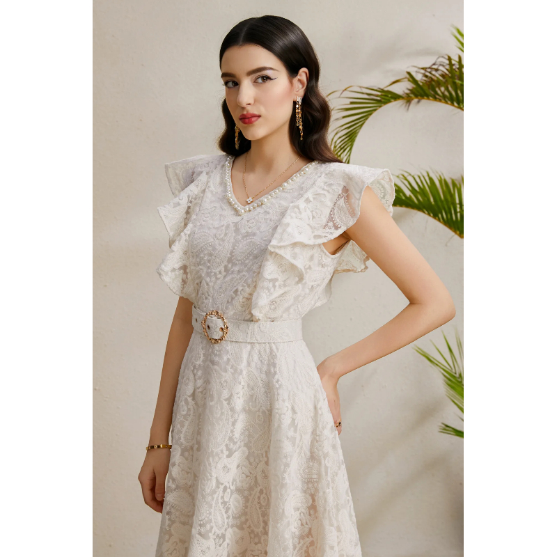 V-neck autumn long vacation boats sleeve dress
