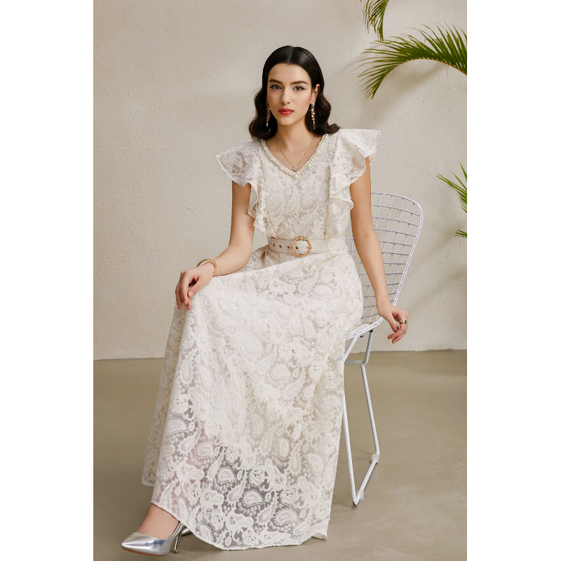 V-neck autumn long vacation boats sleeve dress