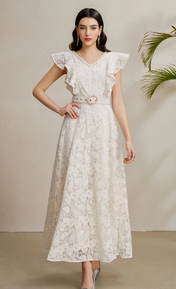 V-neck autumn long vacation boats sleeve dress