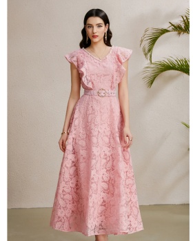 Autumn vacation boats sleeve V-neck long dress