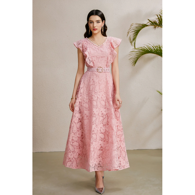 Autumn vacation boats sleeve V-neck long dress
