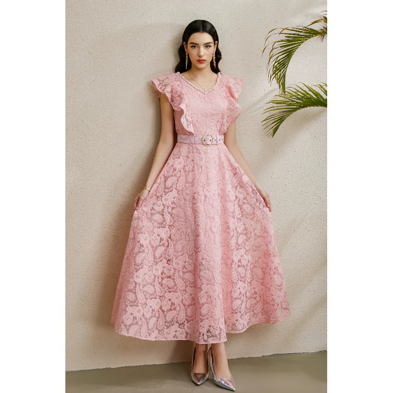 Autumn vacation boats sleeve V-neck long dress