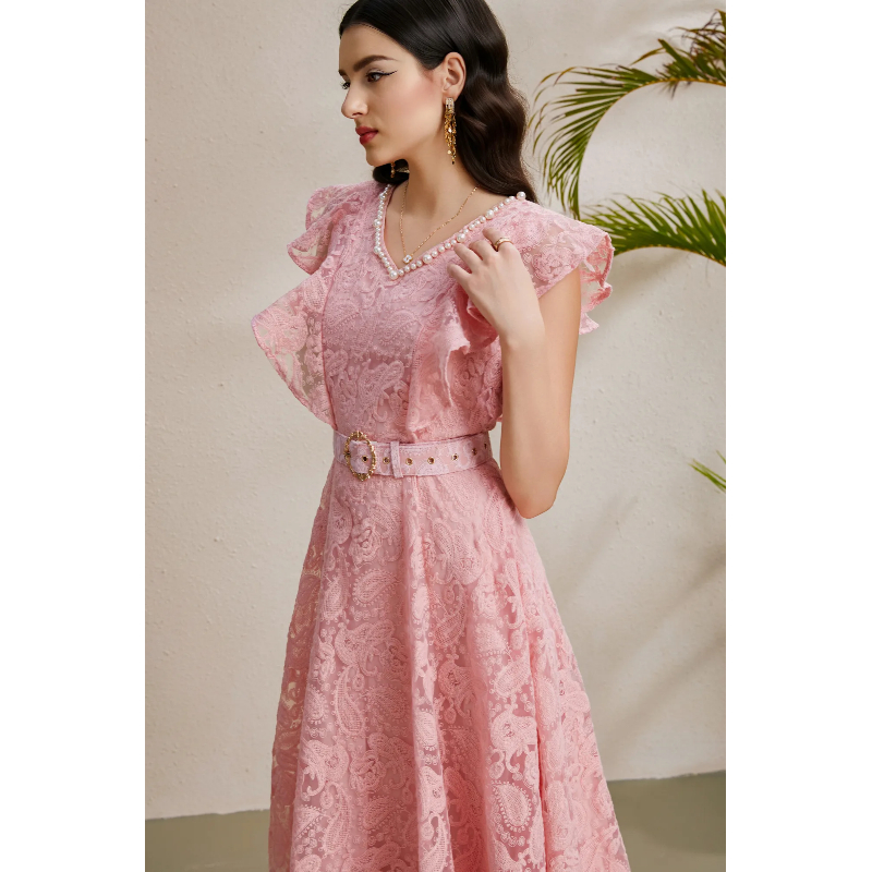 Autumn vacation boats sleeve V-neck long dress