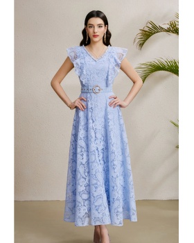 Boats sleeve long V-neck vacation autumn dress