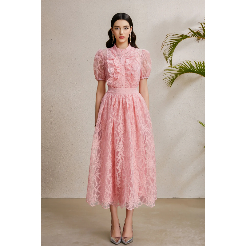Autumn lotus leaf edges puff sleeve vacation skirt