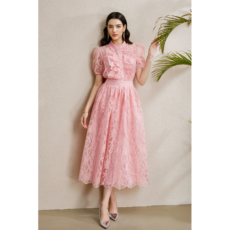 Autumn lotus leaf edges puff sleeve vacation skirt