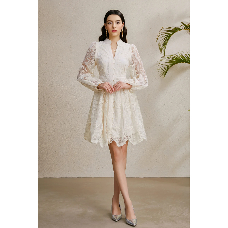 Embroidery V-neck autumn lantern sleeve vacation dress
