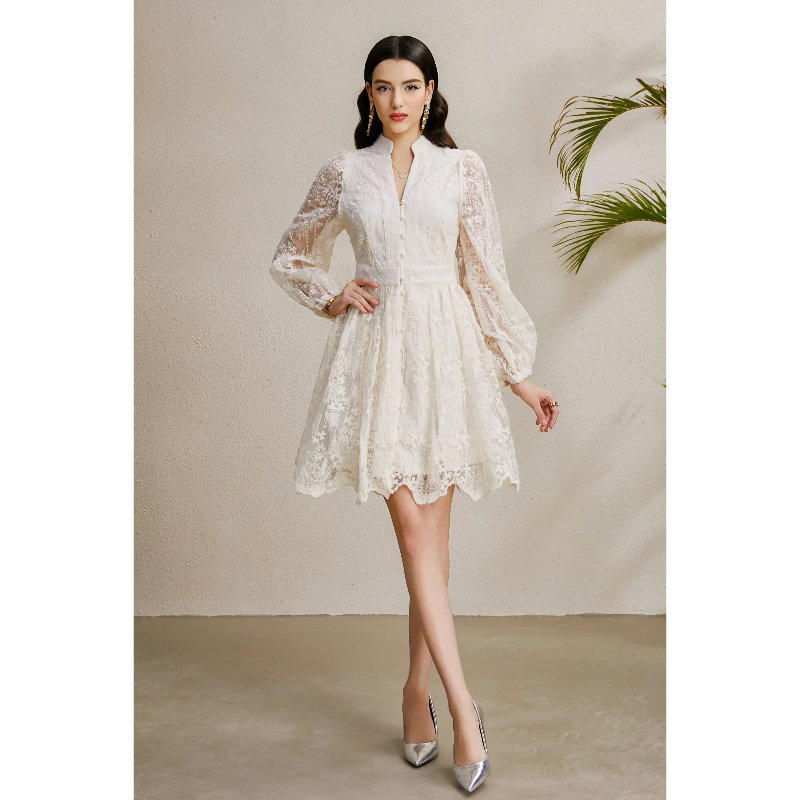Embroidery V-neck autumn lantern sleeve vacation dress