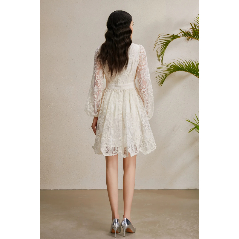 Embroidery V-neck autumn lantern sleeve vacation dress