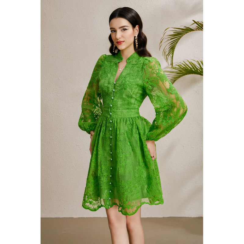 Embroidery V-neck autumn vacation lantern sleeve dress