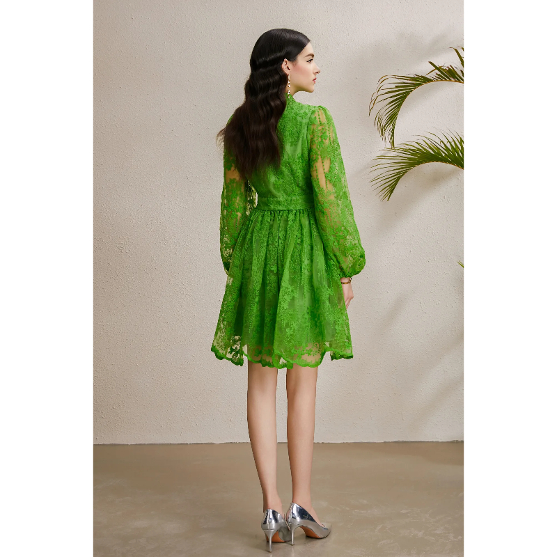Embroidery V-neck autumn vacation lantern sleeve dress