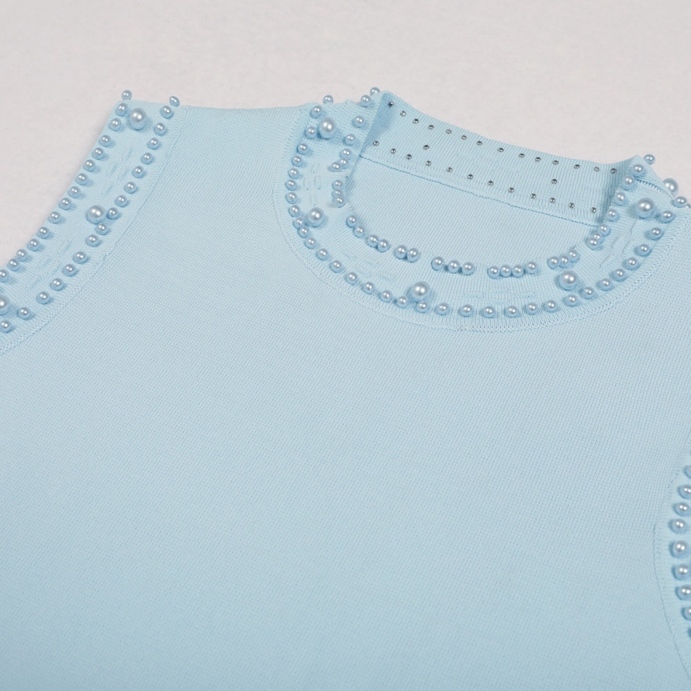Knitted beading long round neck sleeveless dress