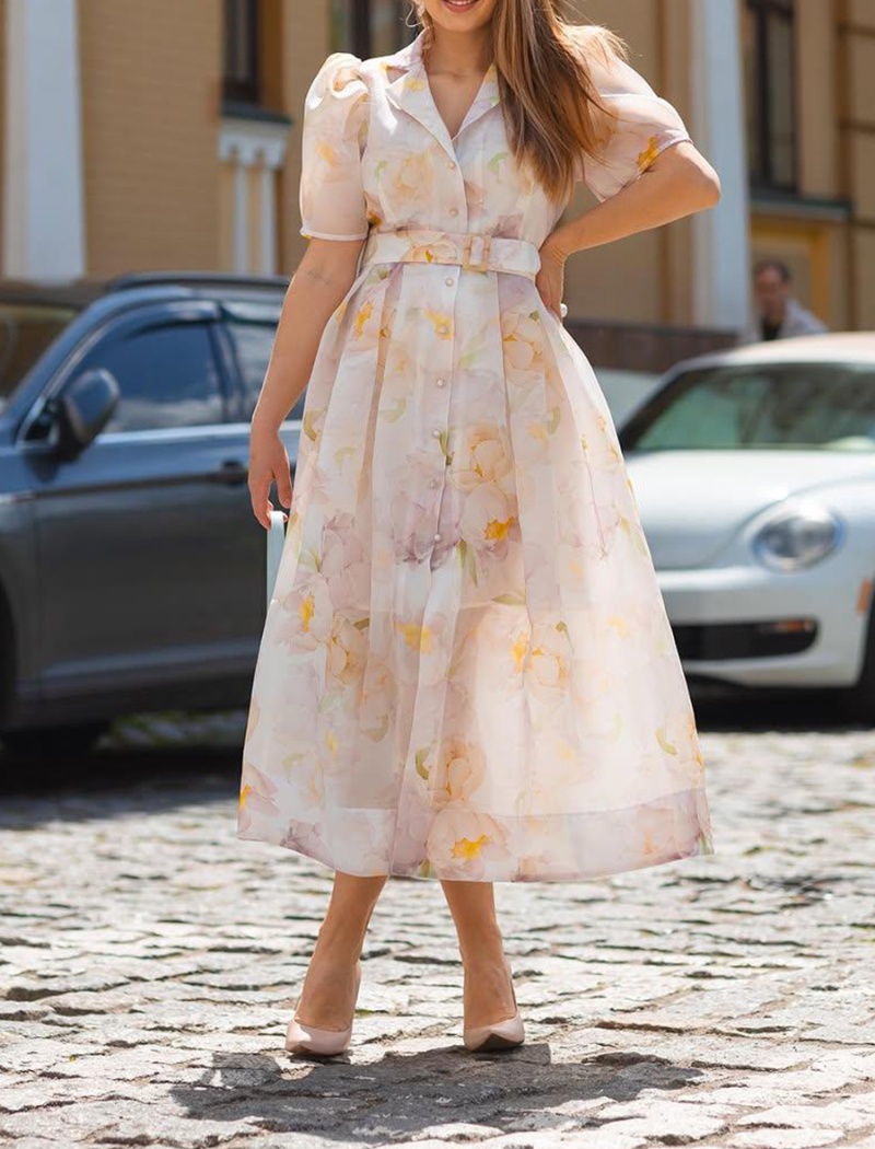 Pinched waist France style belt puff sleeve dress for women